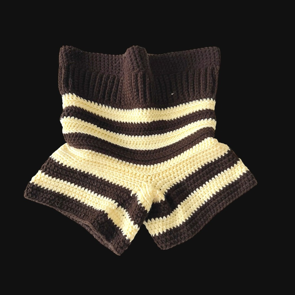 70's Handmade Crochet Striped Shorts Brown Cream High Waist‎ Festival Knit Boho